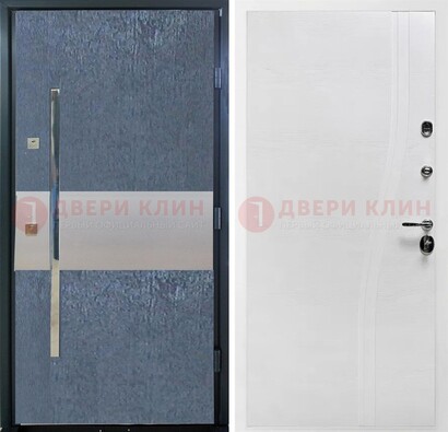 Синяя входная дверь МДФ с серебряной вставкой ДМ-330 в Челябинске