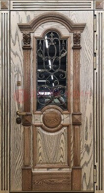 Железная дверь с массивом дуба со стеклом и ковкой ДМД-47 в Челябинске