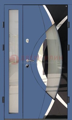 Синяя металлическая дверь со стеклом и узором ДС-13 в Челябинске
