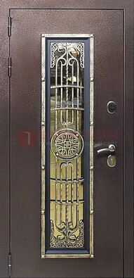 Железная дверь цвета медный антик со стеклом и ковкой ДСК-105 в Челябинске