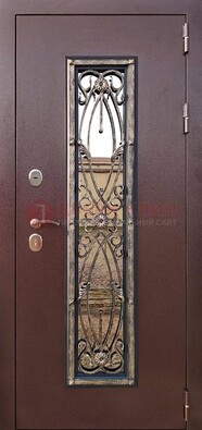 Коричневая стальная дверь порошок со стеклом и ковкой для дома ДСК-169 в Челябинске