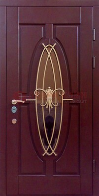 Бордовая стальная дверь Винорит со стеклом и ковкой ДСК-263 в Челябинске