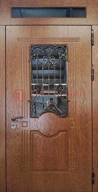 Металлическая входная дверь со стеклом и ковкой для дома ДСК-96 в Челябинске