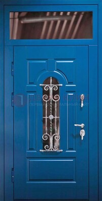 Синяя железная филенчатая дверь со стеклом и ковкой ДСК-97 в Челябинске