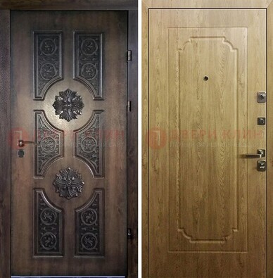 Железная коричневая дверь с виноритом и Золотой дуб внутри ДВТ-101 в Челябинске