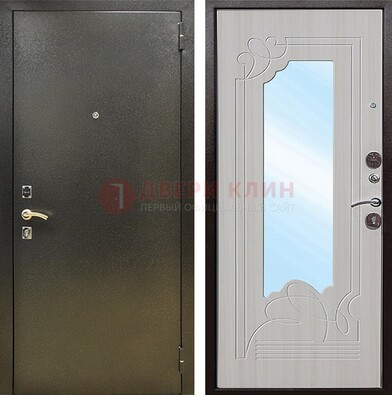 Входная темно-серая дверь c порошковым покрытием и МДФ с резьбой и зеркалом ДЗ-113 в Челябинске