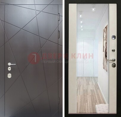 Железная коричневая дверь со светлой МДФ внутри и зеркалом ДЗ-125 в Челябинске