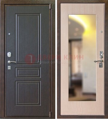 Коричневая стальная дверь с зеркалом МДФ внутри ДЗ-27 в Челябинске