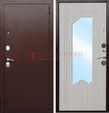 Коричневая металлическая дверь с зеркалом МДФ внутри ДЗ-33 в Челябинске