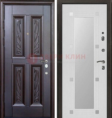 Коричневая стальная дверь с зеркалом МДФ внутри ДЗ-44 в Челябинске