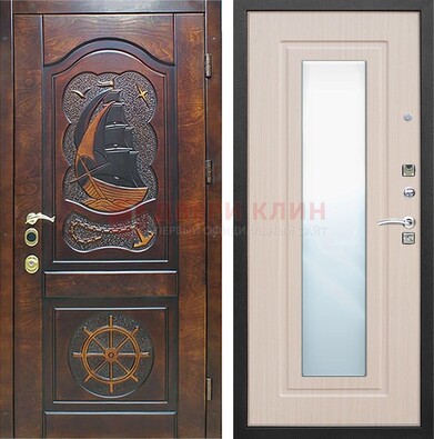 Темная дверь с резьбой и зеркалом внутри ДЗ-49 в Челябинске