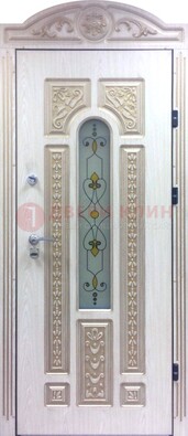 Белая железная дверь с МДФ и витражом ВЖ-26 в Челябинске